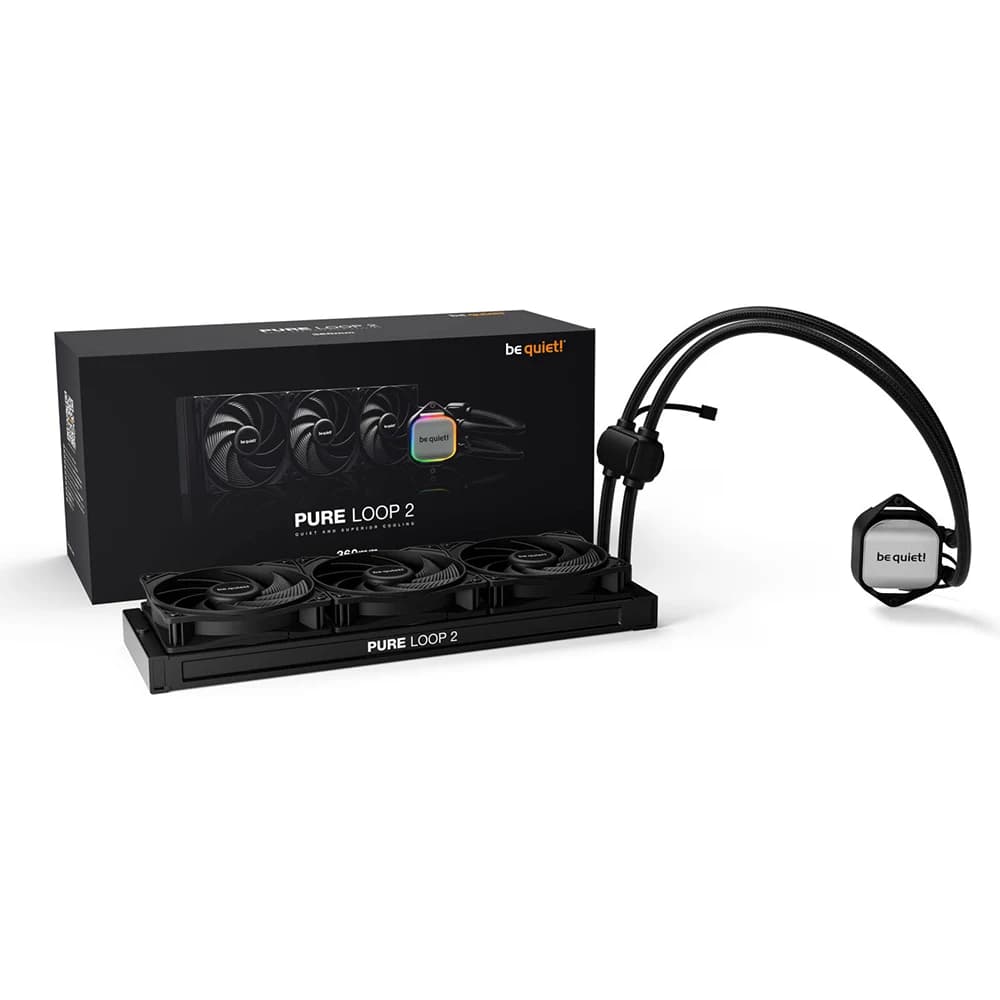 Be Quiet Pure Loop 2 360mm CPU Liquid Cooler, 3x Pure Wings 3 120mm PWM High-Speed Fans, 5500 RPM Pump Speed, 2100 RPM Fan Speed, 59.6 CFM Airflow, Copper / Nickel Plated Case Material, Black
