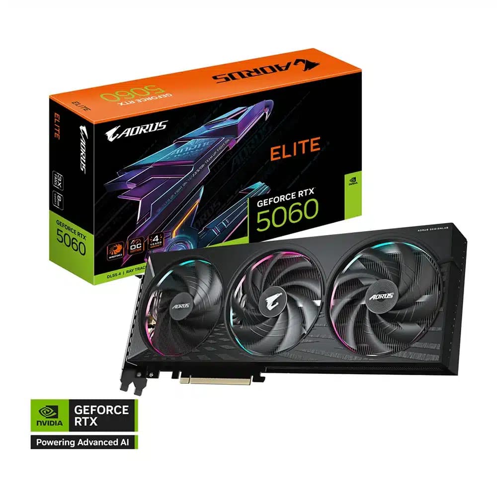 GIGABYTE AORUS GeForce RTX 5060 ELITE 8GB DDR7Graphics Card, 2722 MHz Core Clock, 3840 CUDA Cores, 28 Gbps Memory Speed, PCI Express 5.0