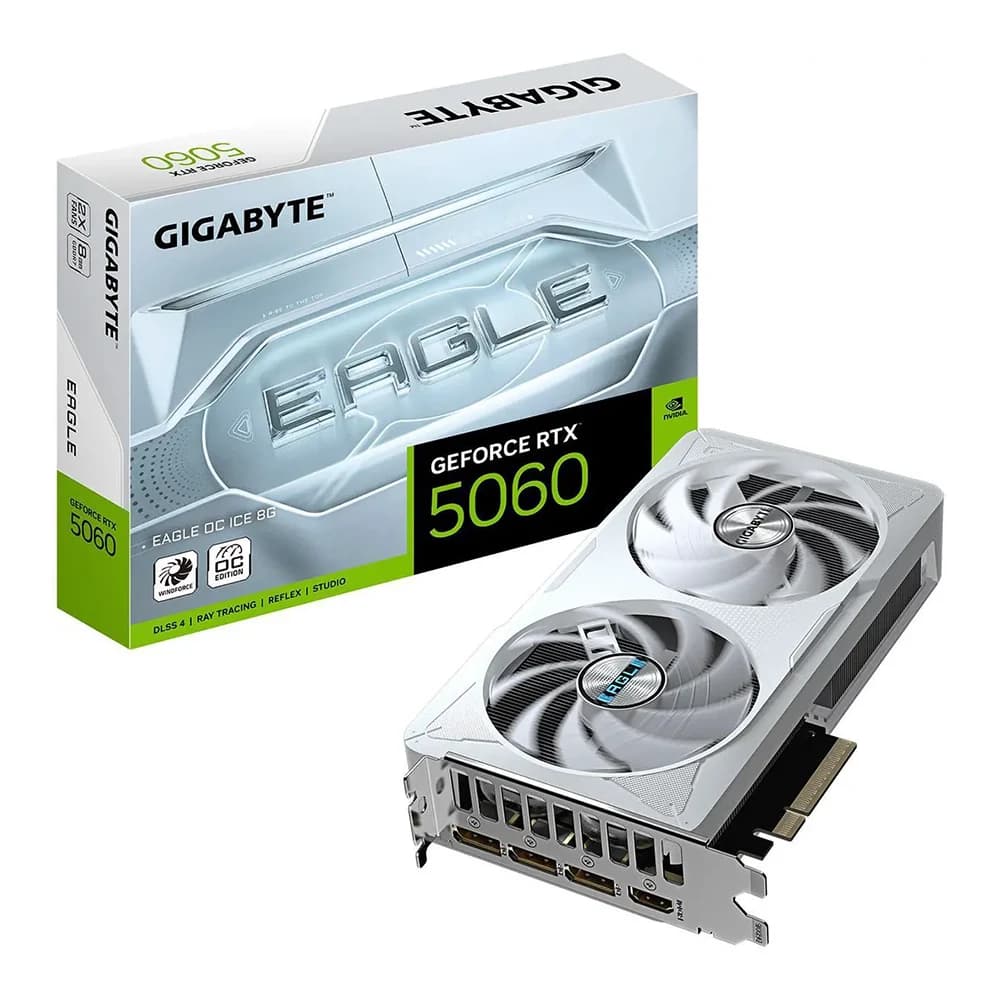 GIGABYTE GeForce RTX 5060 EAGLE OC ICE Graphics Card White, 8GB GDDR7, 2497 MHz Core Clock, 3840 CUDA Cores, PCI Express 5.0