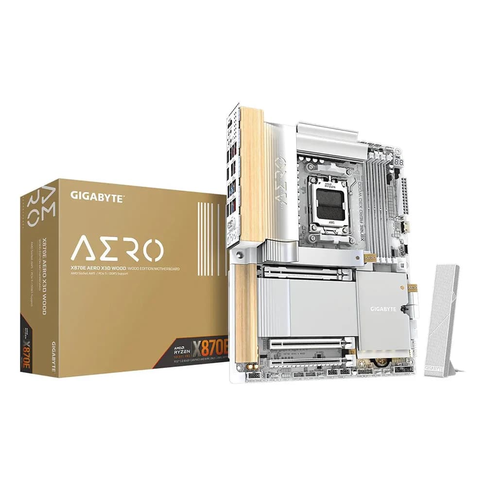 GIGABYTE X870E AERO X3D WOOD Motherboard White, AMD X870E Chipset, 4x DDR5 DIMM, 256 GB, PCI Express x16 slot, ATX Form Factor