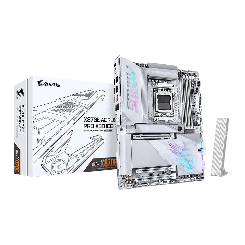 GIGABYTE X870E AORUS PRO X3D ICE Motherboard, AMD X870E Chipset, 4 x DDR5 DIMM, 256 GB, PCI Express x16 slot, ATX Form Factor