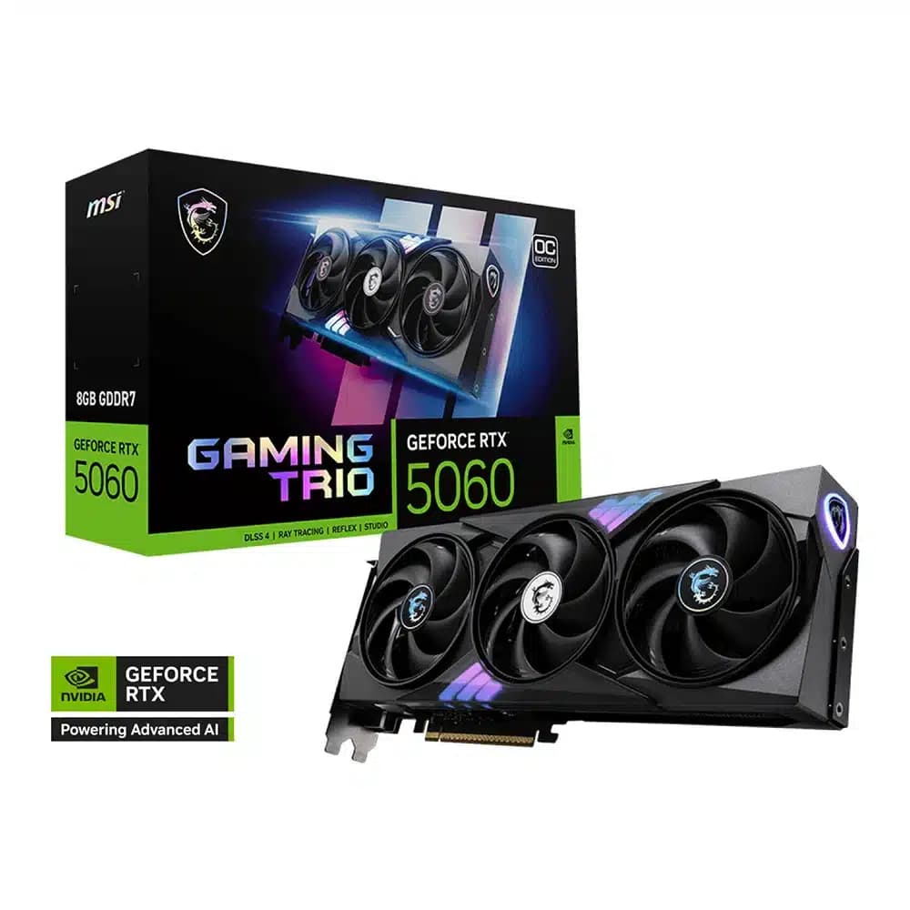 MSI GeForce RTX 5060 GAMING TRIO OC 8GB Graphics Card, GDDR7 128-Bit Memory, 2625 MHz Boost Clock, 28 Gbps memory Speed, 3840 CUDA Cores, PCI Express 5
