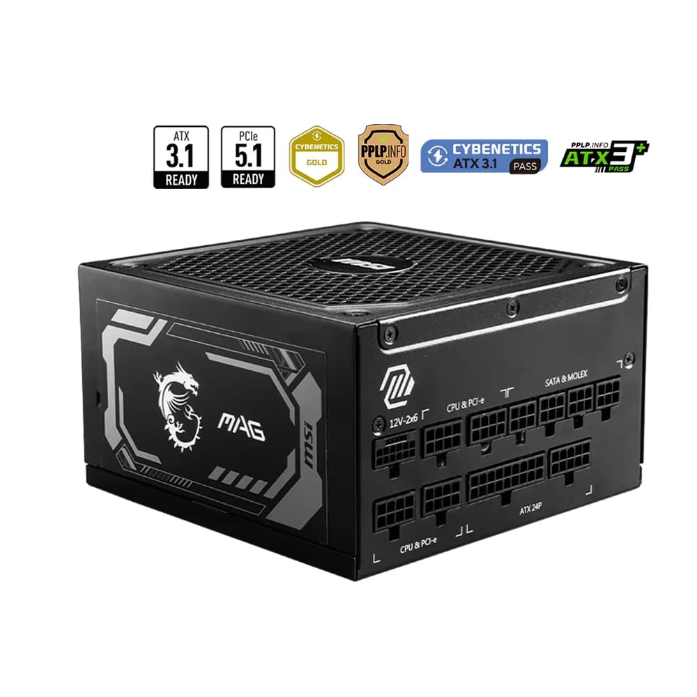 MSI MAG A1250GL PCIE5 Fully Modular Power Supply, 1250 Watts, 80 Plus Gold Certified, ATX 3.1 Ready, Active PFC, 135 mm Fluid Dynamic Bearing Fan