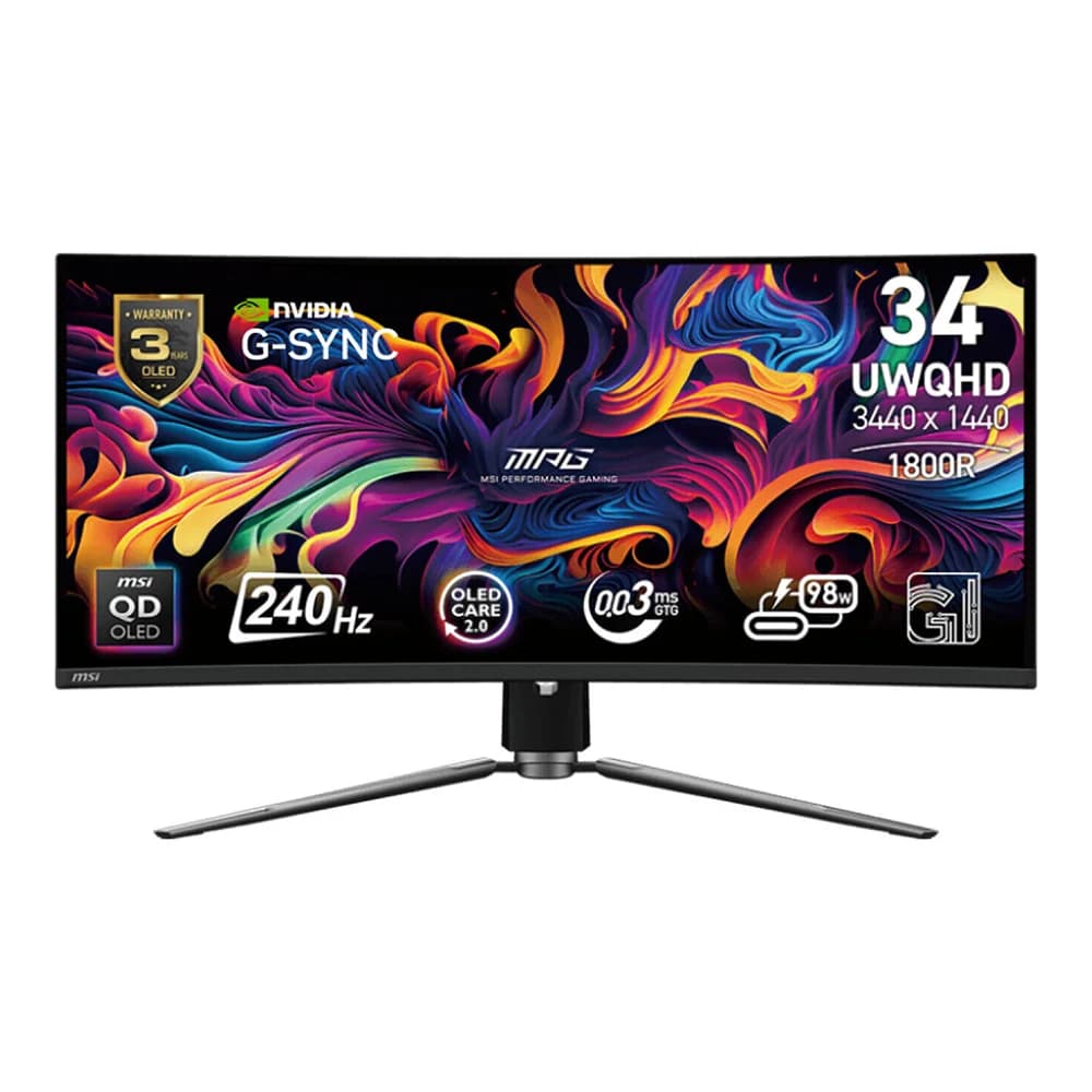 MSI MPG 341CQPX QD-OLED curved Gaming Monitor, 240Hz Refresh Rate, 0.03ms(GtG) Response Time, G-Sync Compatible
