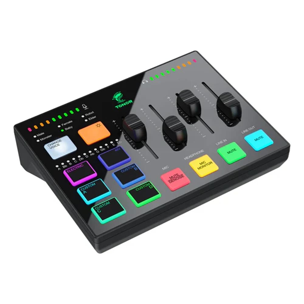 TONOR Gaming Audio Interface, RGB Audio Mixer with Pro-preamp, 6.5mm and XLR Channel, Support for Instrument Input, Independent Volume Controls, for Gaming, Live Streaming, Content Creating