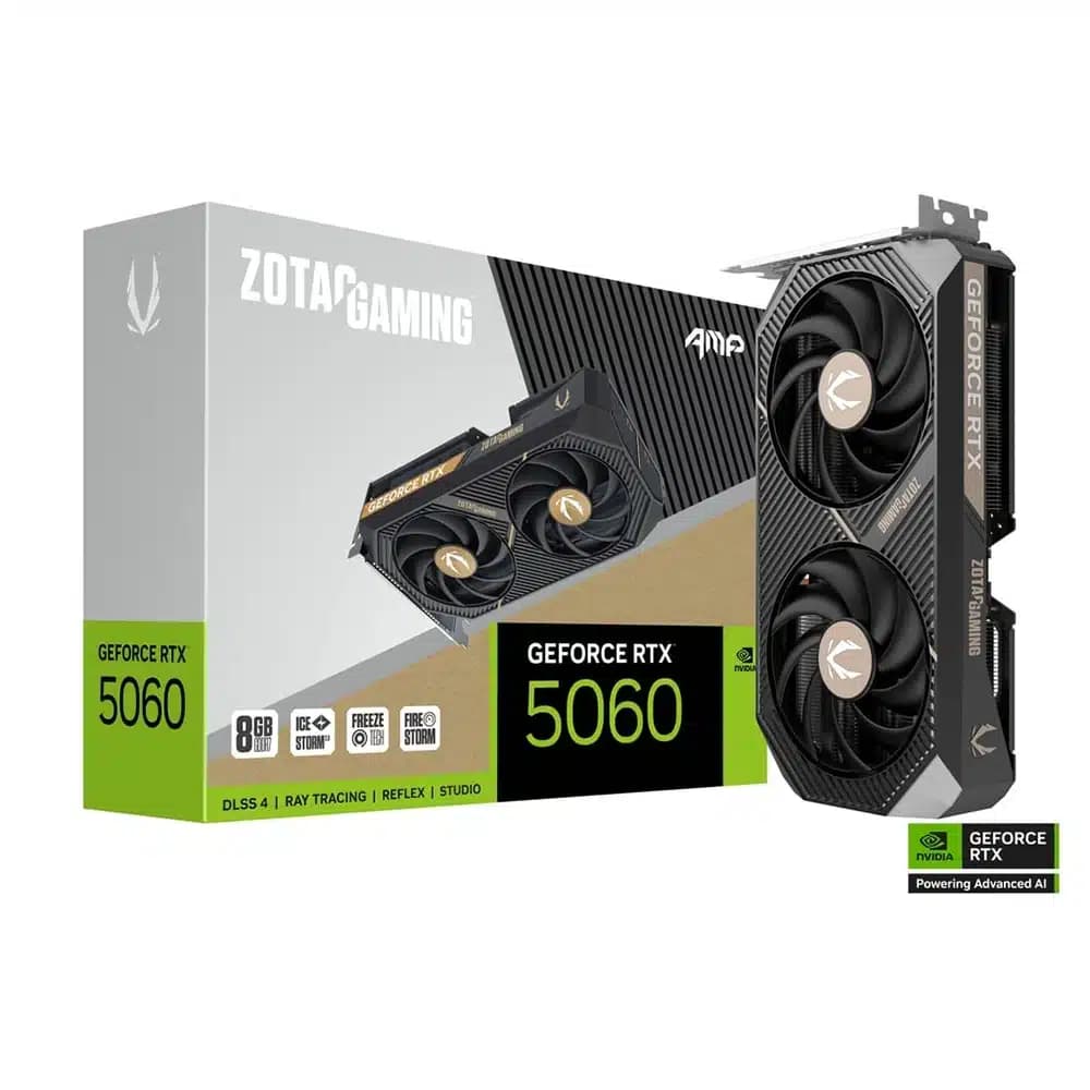 ZOTAC GAMING GeForce RTX 5060 AMP Graphic Card, 2550 MHz Engine Clock, 28 Gbps Memory Clock, 3840 CUDA Cores, PCI Express 5.0