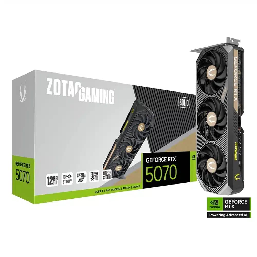 ZOTAC GAMING GeForce RTX 5070 SOLID Graphics Card, 12GB GDDR7 192-Bit Memory, 2512MHz Engine Clock, 28 Gbps Memory Clock, 6144 CUDA Cores, PCI Express 5.0