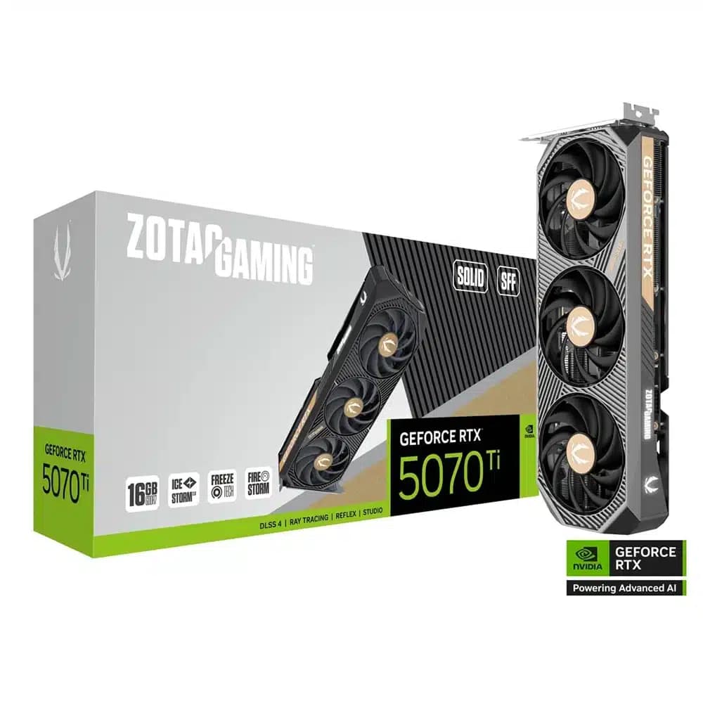 ZOTAC GAMING GeForce RTX 5070 Ti SOLID SFF Graphic Card, 8960 Cuda Core, 2452MHz Engine Clock, 2x 8-pin, 2 Slot, PCI Express 5.0