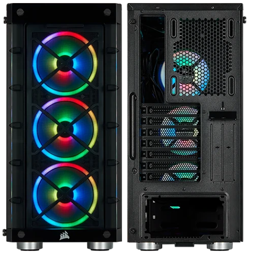 Front and back view of 465X RGB Mid-Tower ATX PC Case