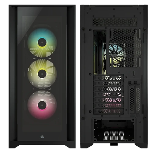 Front and Back view of iCUE 5000X RGB Tempered Glass Mid-Tower ATX PC Smart Case —Black