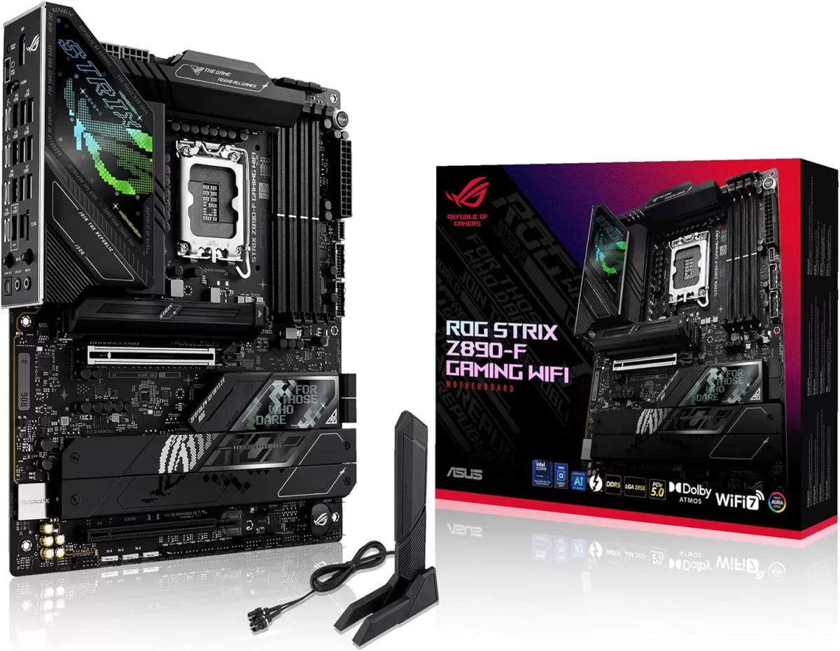 ASUS ROG Strix Z890-F Gaming Wi-Fi LGA 1851 ATX Motherboard featuring Intel Z890 Chipset, 4 DDR5 DIMM slots, 192GB maximum memory, Wi-Fi 7, Bluetooth 5.4, 1 PCIe 5.0 x16 slot, and 5 M.2 slots.