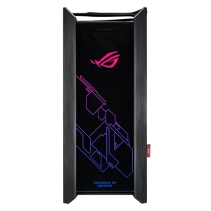 Front Display of Asus ROG Helios GX601 RGB Mid Tower PC Case, ATX/EATX, Aluminum Frame, GPU Braces, 420mm Radiator Support & Aura Sync, 4 x 2.5" Driver Bays, USB 3.1 Front Panel, Smoked Tempered Glass, Black