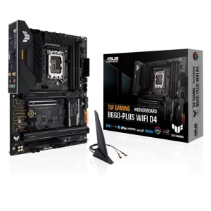 ASUS TUF GAMING B660-PLUS WIFI D4 Motherboard Close to the WIFI Anteena and Box