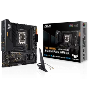 ASUS TUF GAMING B660M-PLUS WIFI D4 ATX Motherboard Close to the WIFI Anteena and Box