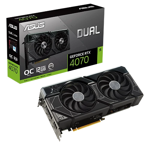 Asus GeForce DUAL RTX 4070 O12G, 12GB GDDR6X, DLSS 3 Graphics Card Close to the Box