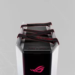 Top view with fabric handle and USB Ports of ROG Strix Helios GX601 White RGB PC Case