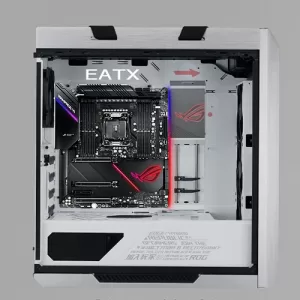 ROG Strix Helios GX601 White RGB PC Case Showing EATX Motherboard Display