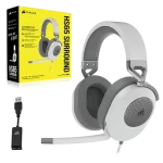 Corsair HS65 SURROUND Gaming Headset — White with box and USB Connector