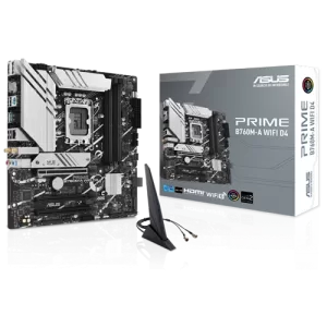 ASUS PRIME B760M-A WIFI D4 LGA1700 Micro-ATX PC Motherboard close to the box and anteena