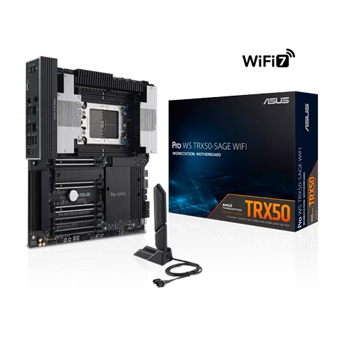 ASUS Pro WS TRX50-SAGE WIFI AMD TR5 CEB workstation motherboard, robust 36 power-stage design, PCIe 5.0 x 16, 1TB Max Memory, PCIe 5.0 M.2, Wi-Fi 7, 10 Gb and 2.5 Gb LAN, multi-GPU support