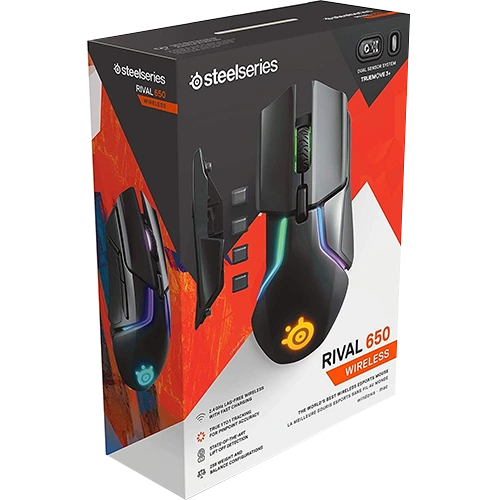 SteelSeries Rival 650 Wireless Gaming Mouse, Fast charging, 1ms latency, 1000Hz polling, 2 sensors, True 1 to 1 tracking, Instant lift-off detection