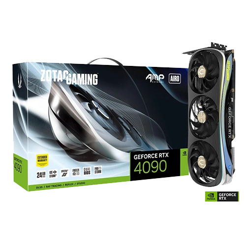 ZOTAC GAMING GeForce RTX 4090 AMP Extreme AIRO 24G Graphics Card Close to the Box
