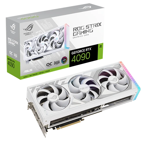 Asus Rog Strix Geforce RTX 4090 White OC Edition Graphics Card, 24GB GDDR6x, 2640 MHz OC Mode, Axial-tech fans, 3.5-slot design, Auto-Extreme, PCI 4.0, 384-bit Memory Interface