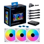 White 120mm tripple fan cooler close to the box and RGB Controller